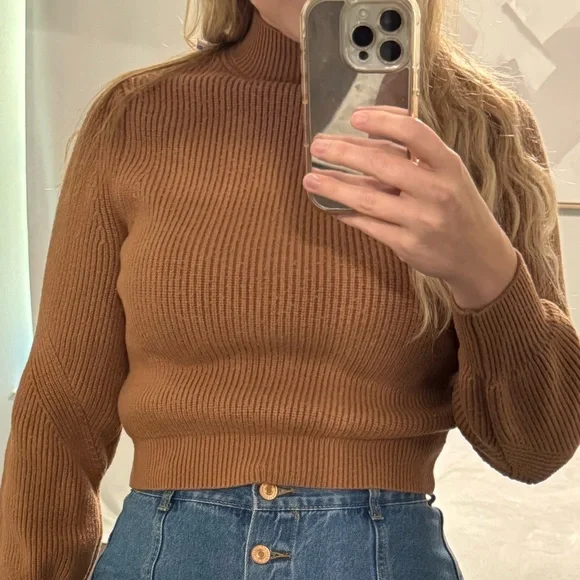 ZARA Brown Ribbed Mock Neck Turtleneck Sweater - Picture 6 of 7
